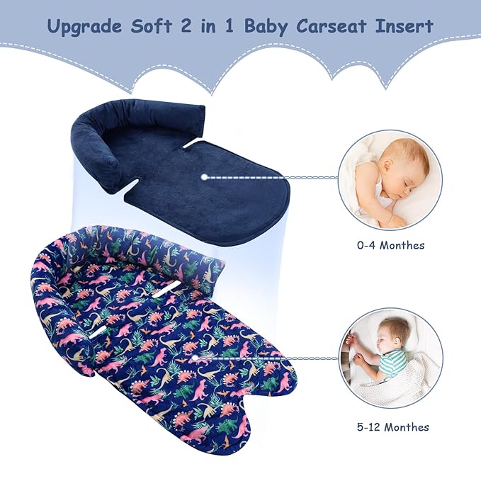 SWESEN Baby Car Seat Head Support, Super Soft 2 in 1 Infant Car Seat Insert, Reversible Newborn Car Seat Insert Cushion with Strap Covers for Strollers, Bouncers, Swing, Navy Dinosaur