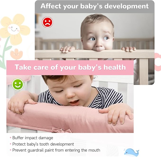 Pink 3pcs New Teething Edge Crib Rail Cover&Corner Guard Coverage Straps,Reversible Guardrail Cover Protector for Boys Girls(1 Long 2 Short)