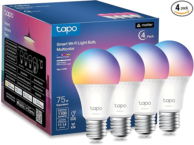 Tapo TP-Link Smart Light Bulbs, 1100 Lumens High Brightness (75W Equivalent), Matter-Certified, 16M Colors WiFi Light Bulb, Dimmable, Works w/Siri, Alexa & Google Home, A19 E26, L535E(4-Pack)