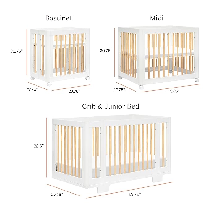 Babyletto Yuzu Convertible All-Stages Bassinet, Midi, Full-Size Crib in White with Natural, Greenguard Gold Certified, Portable & Adjustable with Conversion Kits and Pads Included