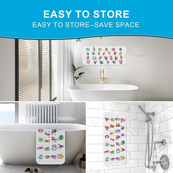 XIYUNTE Baby Bath Mat for Tub Non Slip Kids Bath Mat - 40''x16'' Extra Long Cartoon Baby Bath Tub Mat Eco-Friendly Toddler Bath Mats with Suction Cups, Easy to Clean & Easy Drying, Alphabet(White)