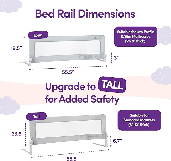 ComfyBumpy 1-Pack Bed Rail for Toddlers 55.5" L x 19.5" H | Toddler Bed Rails for Twin, Full, Queen & King Mattress Size | Swing Down Rail Guard | Mattress Side Rail for Kids | Gray