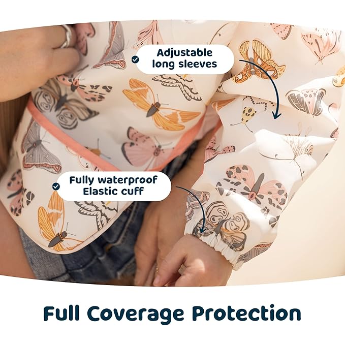 Tiny Twinkle Mess Proof Baby Bib,Waterproof Smock Baby Bib for Eating,Machine Washable Long Sleeve Bib,Baby Led Weaning,Toddler Bib,BLW Supplies(Flutter, Small 6-24 Months)