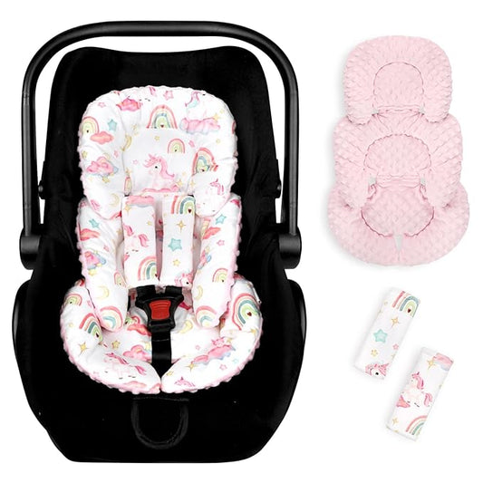 Pea Pod Infant Car Seat Insert with Strap Covers, All in One Reversible Baby Car Seat Head Support for Newborn, 3D Soft Minky Carseat Cushion for Preemie to Infant, Stroller, Swing, Bouncer, Unicorn