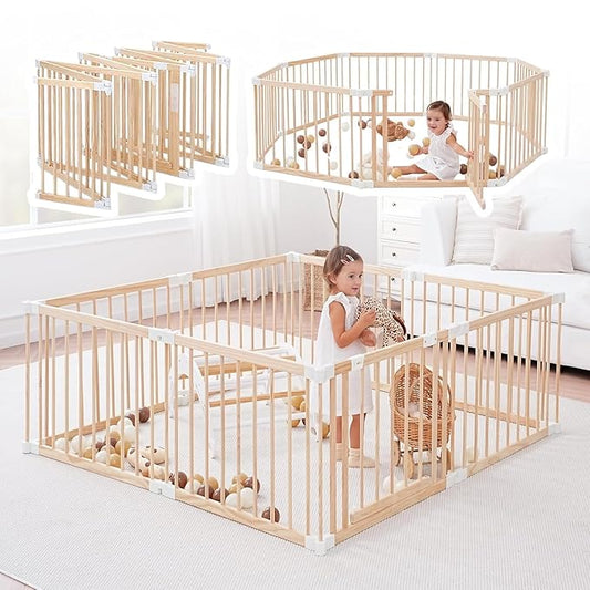 Wooden Playpen & Play Yards for Babies and Toddlers, 67 * 67inch Foldable Wood Baby Play Fence with Locking Gate, Kids Activity Area Center Indoor Outdoor, Pinewood