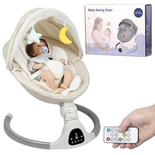 Electric Baby Swing for Infants, with Bluetooth Remote Control Timing Function and 10 Music 5 Swing Speeds 3 Seat Positions Baby Bouncer for Boy Girl Indoor & Outdoor Use (Lvory White)