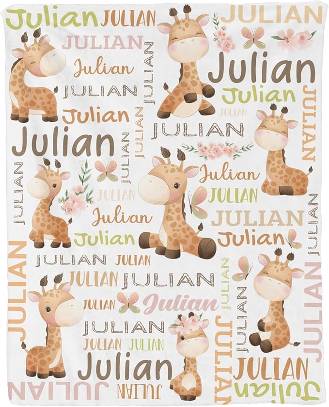 Personalized Baby Blanket for Girls Boys Giraffe Custom Baby Blankets with Name Dotted Backing Customized Gifts for New Mom Customize Baby Blanket for Kids Newborn Birthday