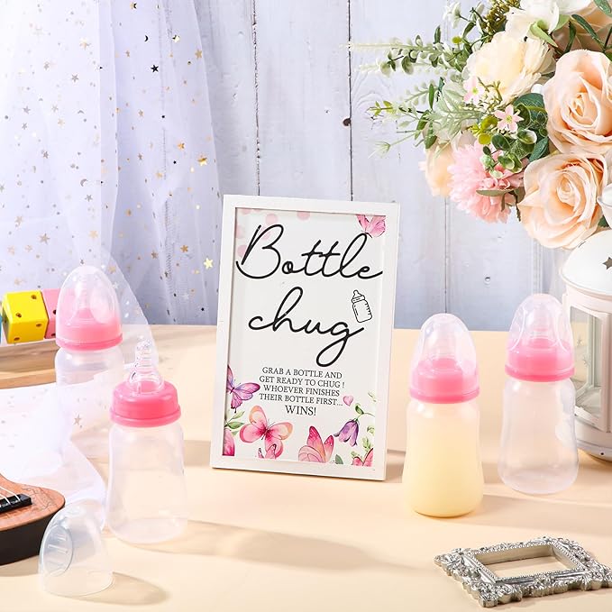 Roowest Bottle Chug Baby Shower Game Favors Including Pink Butterfly Theme Wooden Sign and 18 Pcs Baby Bottles for Gender Reveal Party Supplies