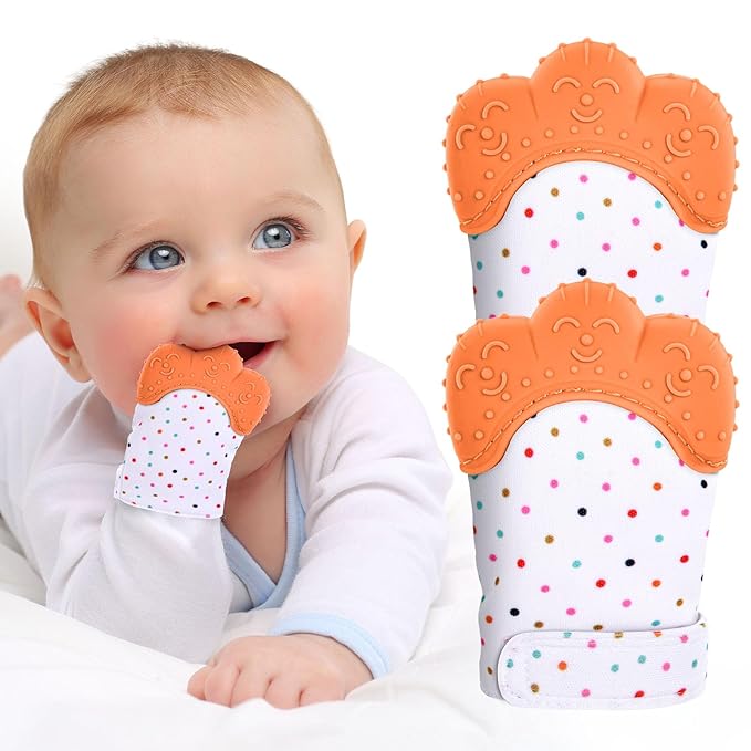 Vicloon Silicone Teething Mitt, 2Pcs Baby Teething Mitten, Baby Teething Toy with Adjustable Strap, Crinkle Sound and Textured, Baby Teething Mitten Self Soothing Baby Chew Toys for 0-6month Infants