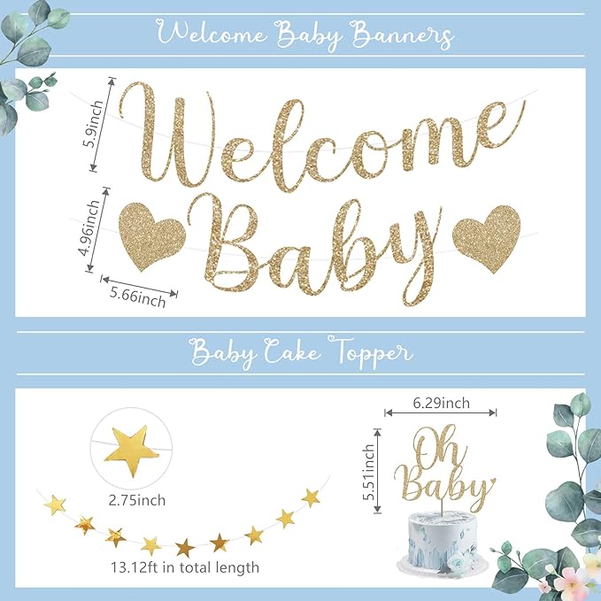 Amandir Dusty Blue Boy Baby Shower Decorations Welcome Baby Banner, Cake Topper, Paper Lantern, Light Blue Balloons, Pom Poms Flowers Tassels, Circle Dots Star Garland, Birthday Party Supplies