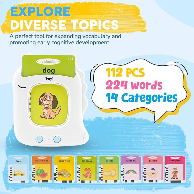 Toddler Toys Talking Flash Cards for Age 1 2 3 4 5 Years Old Boys and Girls, Montessori Language Learning with 224 Words, Pocket Speech Therapy and Autism Sensory Toys, Educational Gifts for Kids
