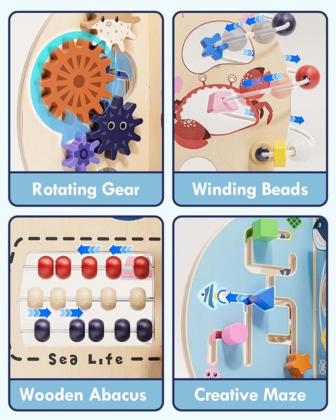 Timber Lulu 1 Year Old Boy Gifts, Ocean Wooden Activity Cube for Baby, Montessori Busy Board Toys for 1 Year Old Boy, Sensory Educational Toys for Toddlers, 1st Birthday Gifts Boy & Girl