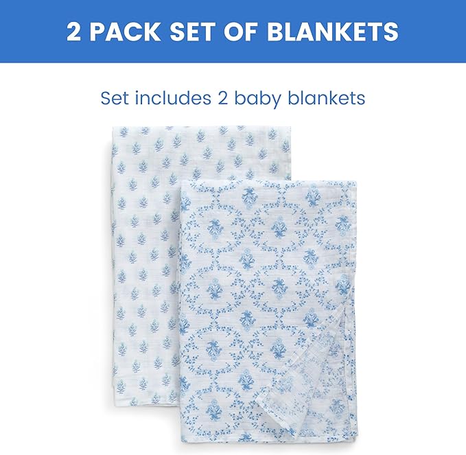 Delta Children 100% Cotton Muslin Baby Receiving Blankets for Girls and Boys – 47x47 Inches (Pack of 2), Blue Botanicals