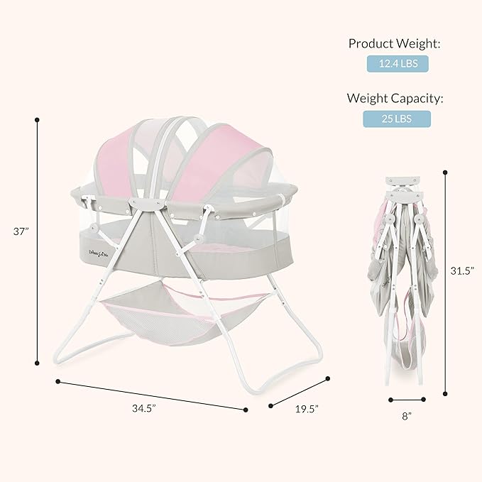 Dream On Me Karley Baby Bassinet in Grey and Pink, Lightweight Portable, Quick Fold and Easy to Carry , Adjustable Double Canopy, Indoor and Outdoor with Large Storage Basket.