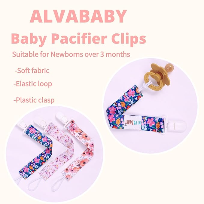 ALVABABY Pacifier Clips Floral 8 Packs Paci Clip Holder Leashes for Baby Girls Fits Teething Rings