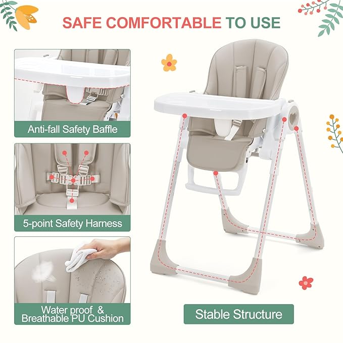 Baby High Chair for Toddlers 1-3 Years Old, Foldable Baby High Chair with Removable Tray, Lightweight Folding Chair with 5-Point Safety Harness, Multiple Recline Positions & Compact Design