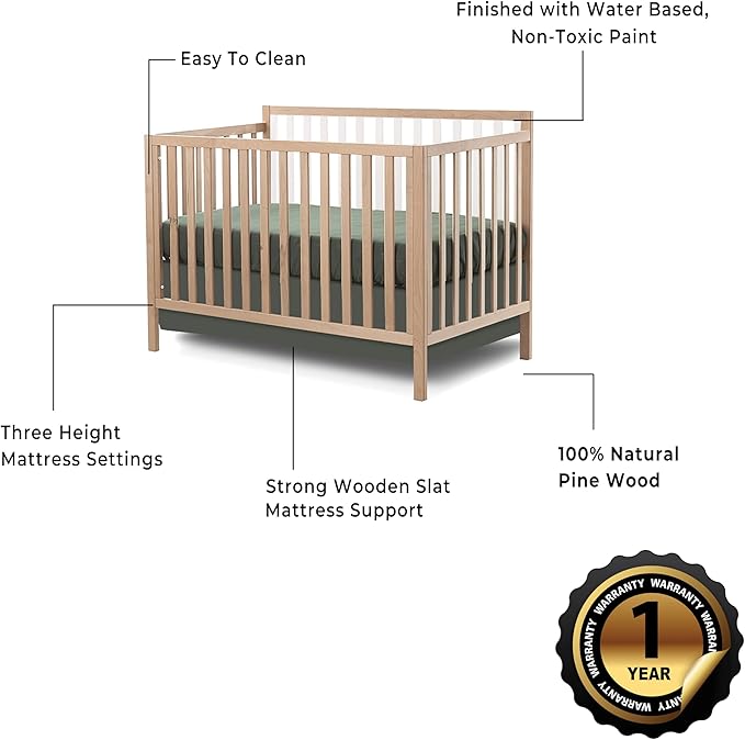 Sorelle Essex Euro 4-in-1 Convertible Crib & Changer – Nursery Furniture Set, Wooden Baby Crib with Non-Toxic Finish, Integrated, Toddler, Daybed, and Full-Size Bed Conversion Kit – White Natural
