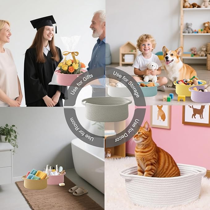 3 Pack Gift Basket with Gift Bag and Ribbons,Small Rope Woven Shelf Storage,Baskets for Gifts Empty,Birthday,Shower,Decorative Organizer Box for Cat Dog Pet with Handles(Grey)