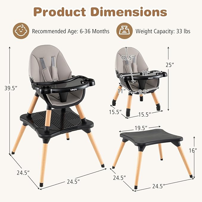 BABY JOY 6 in 1 High Chair, Convertible High Chairs for Babies and Toddlers/Booster Seat/Table and Chair Set, Infant Wooden Highchair w/ 5-Point Harness, 4-Position Removable Tray & PU Cushion (Black)