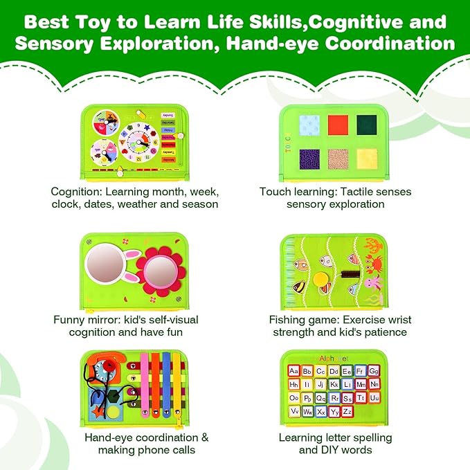Busy Board Montessori Toys for Toddlers 1-3, Birthday Gifts for 1 2 3 4 Year Old Boy Girl, Autism Sensory Travel Toy, Educational Activity Book Board for Learning Fine Motor Skills Toys, Green