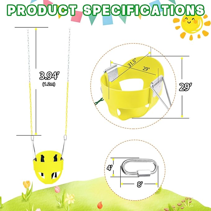 High Back Full Bucket Toddler Swing Seat with 3- Point Adjustable Safety Harness, 66 inch Detachable Chain,Suitable for Babies Aged 6-24 Months,Baby Swing for Swingset (Yellow)