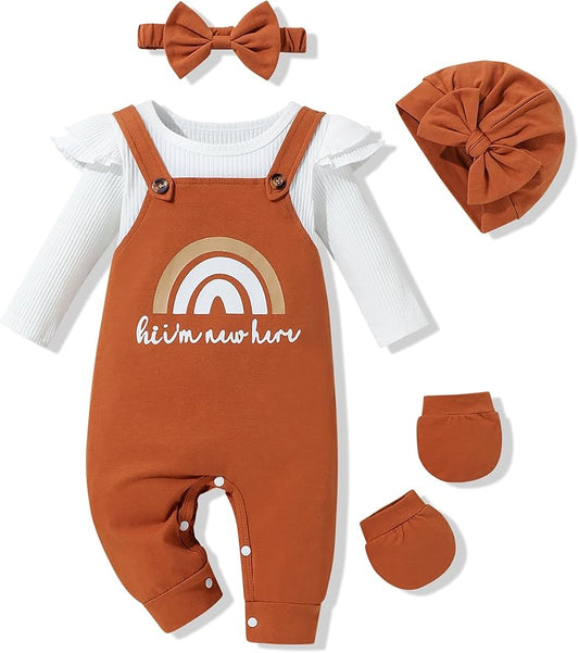 Baby Girl Clothes Patter&Letter Baby Girl Romper with Bow Hat&Headband and Gloves 4Pcs Baby Girl Coming Home Outfit