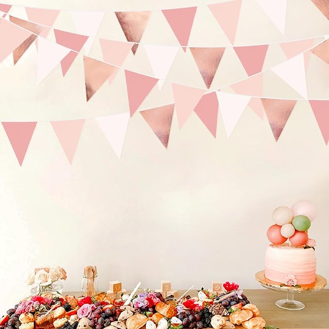 32Ft Rose Gold Party Decorations Dusty Blush Pink Pennant Banner Fabric Triangle Flag Bunting Garland Streamers for Wedding Birthday Anniversary Baby Bridal Shower Home Outdoor Garden Decorations
