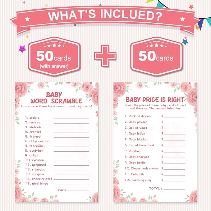 Baby Shower Games for Girl-2 Games(50 of Each),Baby Shower Word Scramble Game&Price is Right,Double-Sided,Thick Cardboard,Fun,Hilarious,with Answer Keys