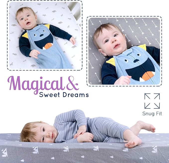 Fitted Unisex Crib Sheets (3 Pack) by GROW WILD - Jersey Knit Cotton Crib Sheets for Boys or Girls, 52β x 28β x 9β Crib Bedding Set (Woodland Gray and White)