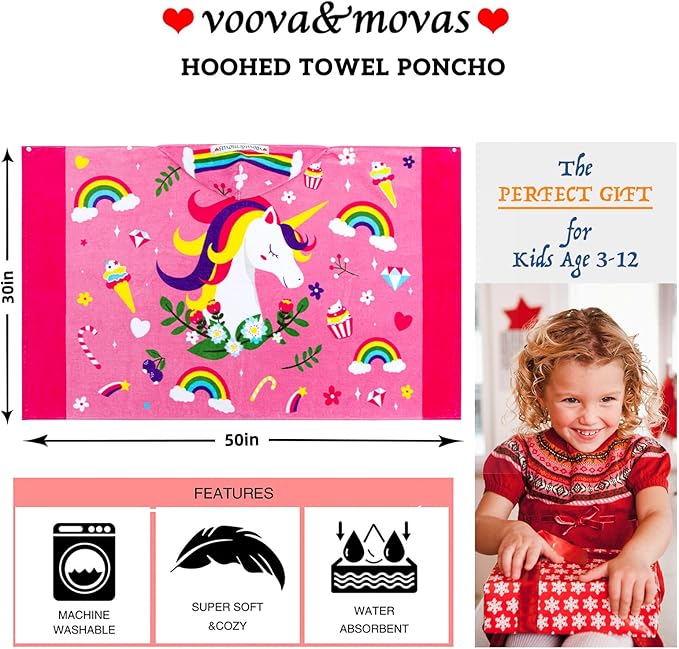 VOOVA & MOVAS Hooded Towels for Kids 3-10 Years, 30''X50, Soft Thick Cotton | Absorbent Beach, Bath, Pool Swim Towels | Cover up for Girls | Pink Floral Unicorn