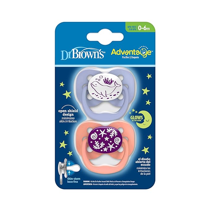 Dr. Brown's Advantage Glow-in-the-Dark Baby Pacifier, Fully Symmetrical Soother with Soft Silicone Bulb, Coral Ocean, 0-6m, BPA Free, 2 Pack