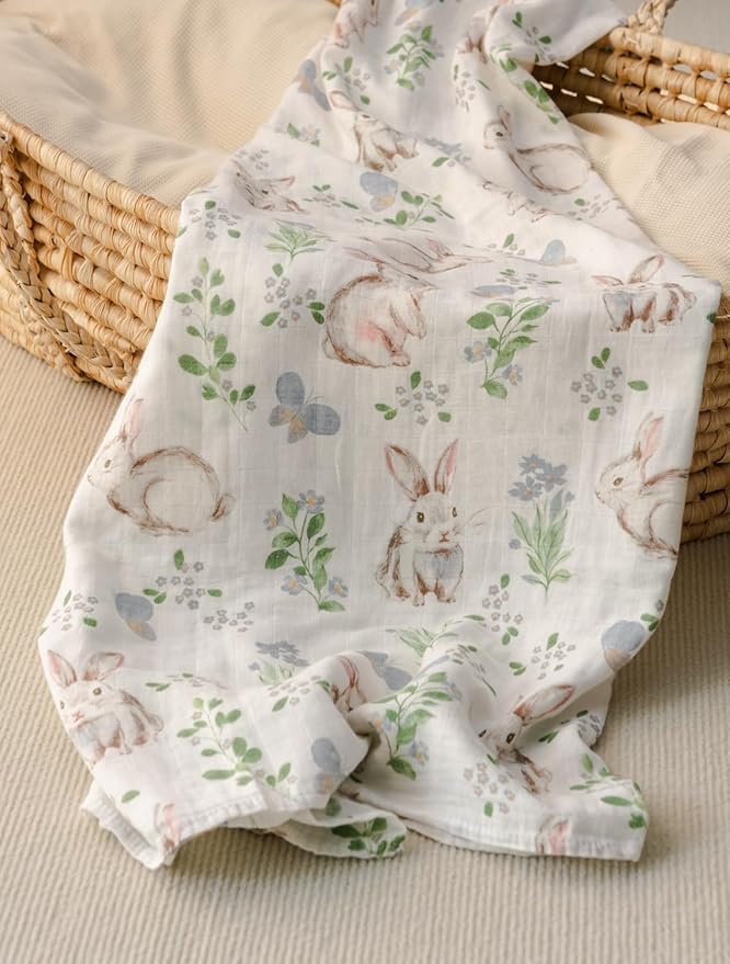 Little Jump Muslin Swaddle Blankets Neutral, Woodland Muslin Baby Blanket Receiving Blanket for Boys & Girls Unisex, Soft Large 47 x 47 inches (Rabbit & Deer)