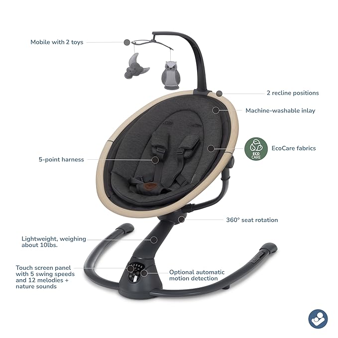 Maxi-Cosi Cassia Smart Baby Swing for Infants, Portable Foldable Swing with Music, 360 Rotation, 5 Speeds, 12 Melodies, EcoCare Fabric, Auto Motion Sensor, 2 Reclines, Classic Graphite