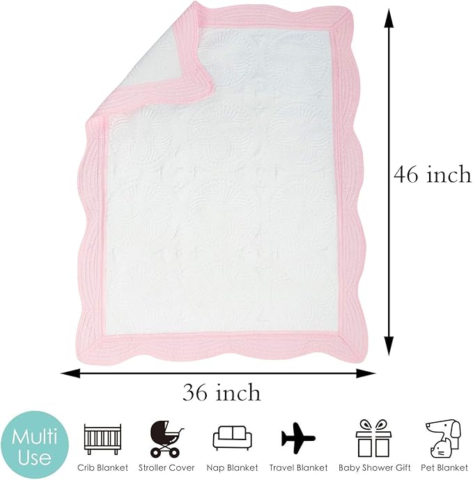 MONOBLANKS Baby Quilt Personlized Monogram Lightweight Embossed Scalloped Throw Blanket Four Seasons (White-Pink Trim)