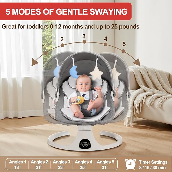 Baby Swing 3 in 1 Multifunctional Infant Rocker, Portable with Remote Control, 5-Point Seat Belt, 5 Auto Rocking, 3 Speed Timer, Electric with Music and Bluetooth (0-12 Months) (Grey)