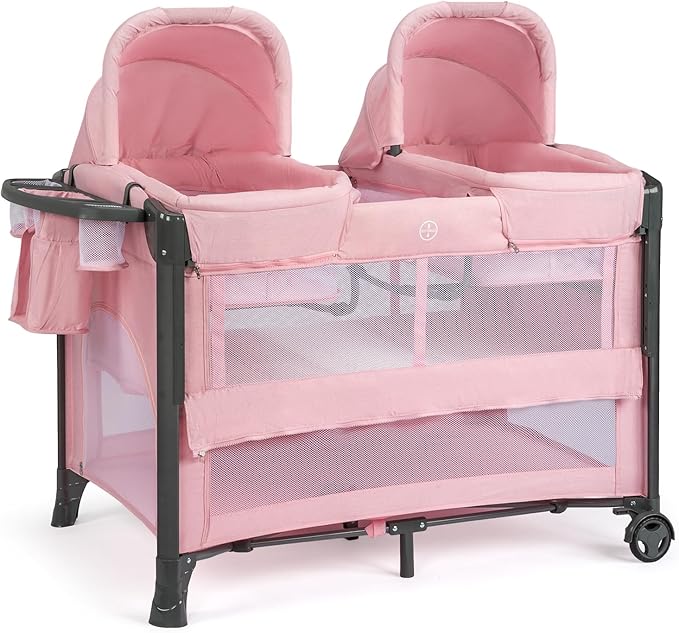 JOYMOR Twin Bassinet for Baby, Pink Bedside Bassinet, Convertible to Bedside Sleeper and Playpen, with Wheel, Brake, Foldable Side Sleeper