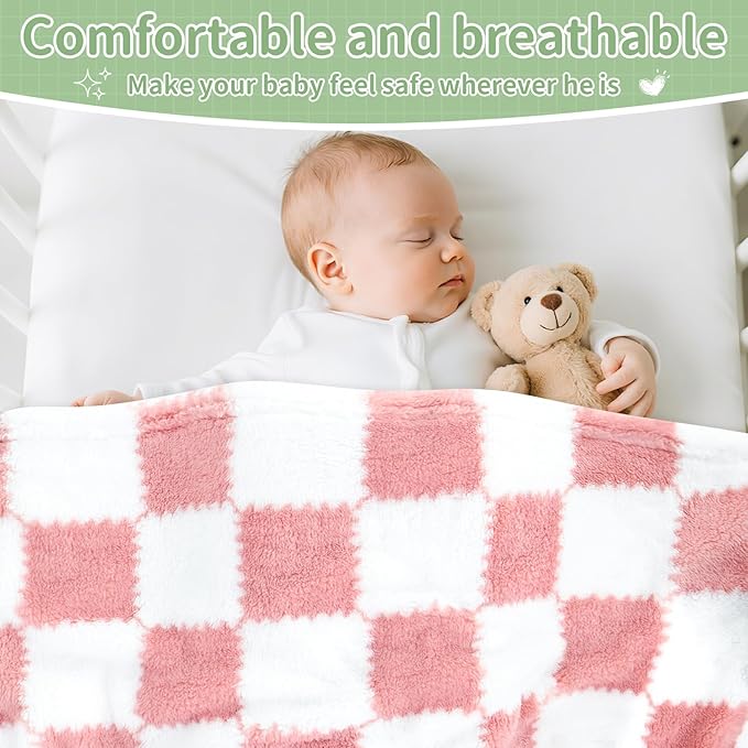 Checkered Baby Blanket for Girls, 2 Pack Soft Baby Girl Blankets, Small 28 x 40 inches Toddler Fleece Blanket, Essentials Crib Stroller Items, Newborn Gift (Pink)