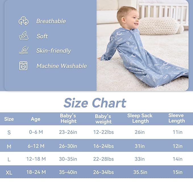 Baby Sleep Sack 6-12 Months, Long Sleeve Baby Wearable Blanket 0.5 Tog with Mittens, 2-Way Zipper Infant Cotton Sleeping Sack for Boy and Girl Blue Stars 2 Pack (Medium)