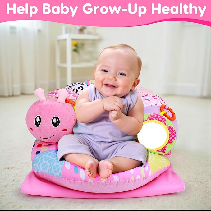 2 in 1 Baby Tummy Time Mat & Support Seated Pillow Infant Newborn Toys 0 1 2 3 4 5 6 Months Pink Caterpillar Sensory Developmental Playmat 0-6 3-6 12 Month Babies Mirror Shower Gifts for Girls Boys