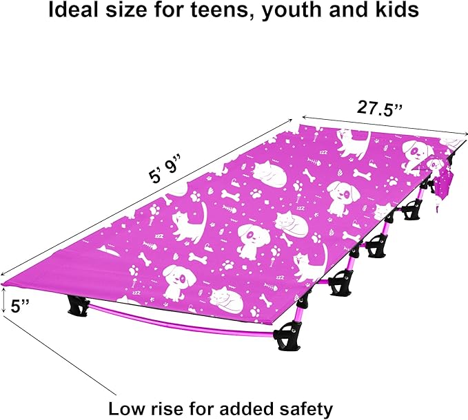 Kids Camping Cot and Toddler Travel Bed | Lightweight and Compact Cots for Sleeping | Portable Folding Cot for Toddler, Kids, Youth and Even Adults (Pink, 69" x 27.5")
