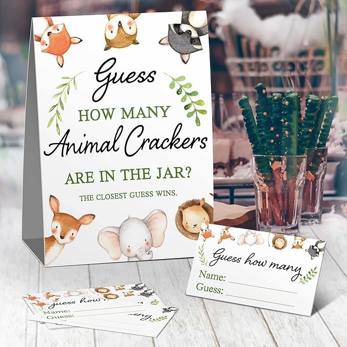 Guess How Many Animal Crackers are in the Jar,Watercolor Woodland Animals Baby Shower Decorations,(1 Sign+50 Cards), How Many Animal Crackers Birthday, Christmas, Funny Party Game