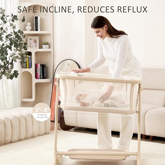 Electric Baby Bassinet Bedside Sleeper with Auto Rocking, Remote/Touch Control, 3 Timer Modes, 12 Sounds, 6 Heights, Storage & Wheels (Beige)