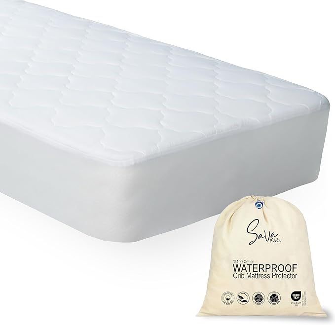 SavaKids 100% Natural Cotton Waterproof Crib Mattress Protector Sheet - Breathable, Fitted Pad for Babies & Toddlers, Ultra Soft & Noiseless (White)