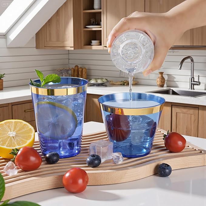 supernal 100 Pcs Blue Plastic Cups, 9oz Blue Disposable Cups with Gold Rim, Plastic Wine Cocktail Glasses Perfect for Party, Wedding and Birthday, Cute Cocktail Party Cup Disposable Wine Glasses