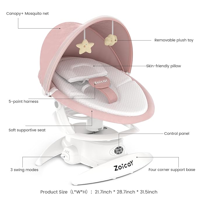 3-in-1 Baby Swing for Infants with Motion Detection, Electric Baby Swing with 3 Swing Modes, 12 Lullabies & 5-Speeds & Removable Swing Seat, BT Enabled & 360°Rotating Seat and Manual Remote, Pink