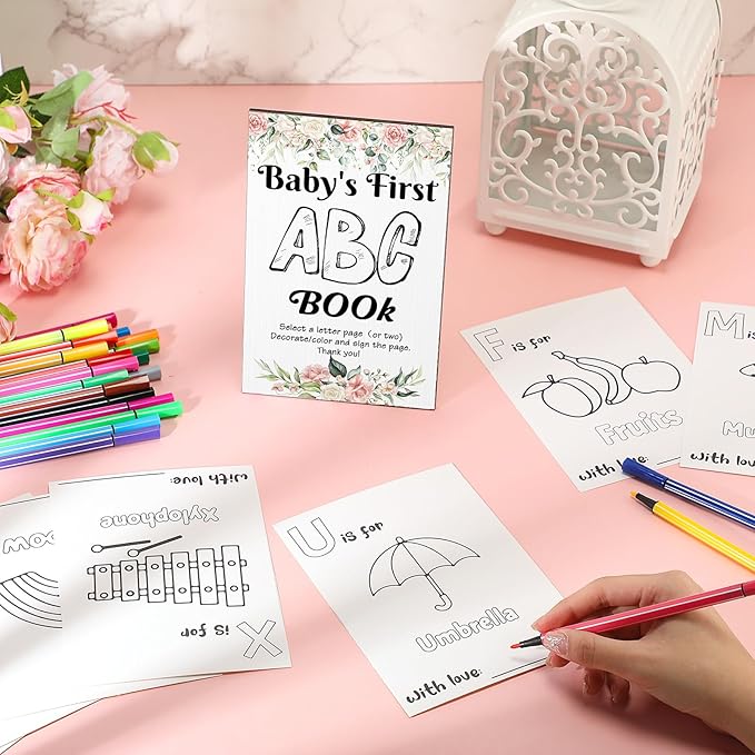 Geelin 51 Pcs Fun Baby Shower Game Activities First Abc Book Sign Coloring Game Card 26 Alphabet a to Z Coloring Card with 24 Watercolor Pen Storage Bag for Baby Shower Party(Floral)