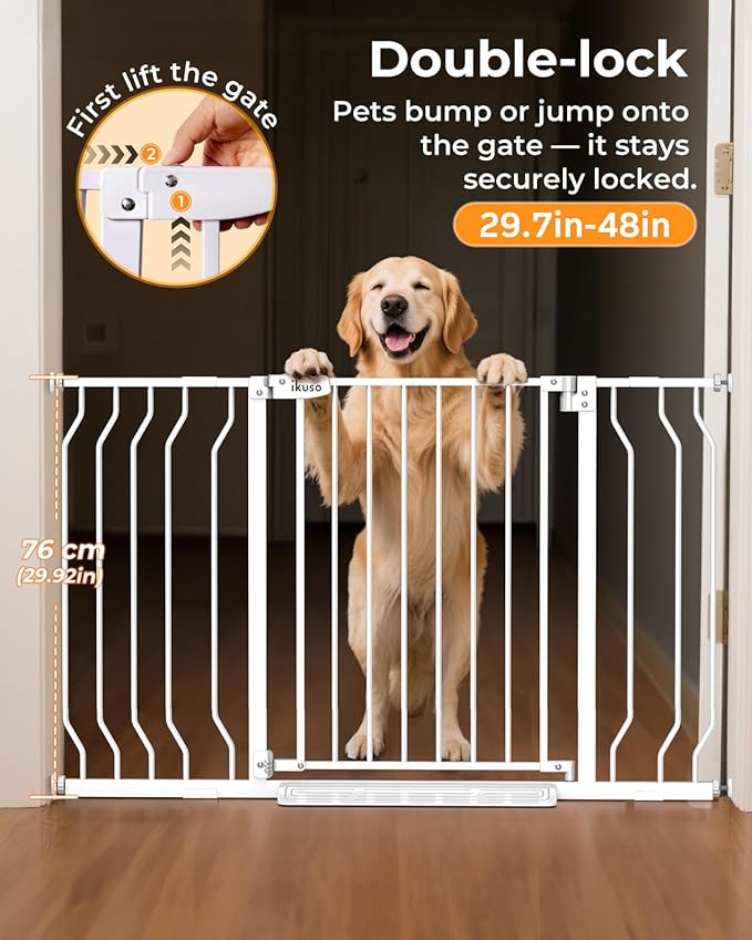 30"-48″ Extra Wide Baby Gate with 2 Extensions, 30.5" Tall, Pressure Mount for Kitchens, Stairs, and Doorways, Safe Passage for Crawlers, Pets & Seniors