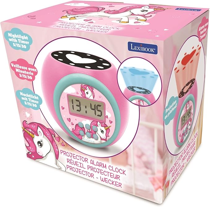 LEXiBOOK Projector Clock Unicorn with Snooze Alarm Function, Night Light with Timer, LCD Screen, Battery Operated, Pink, RL977UNI