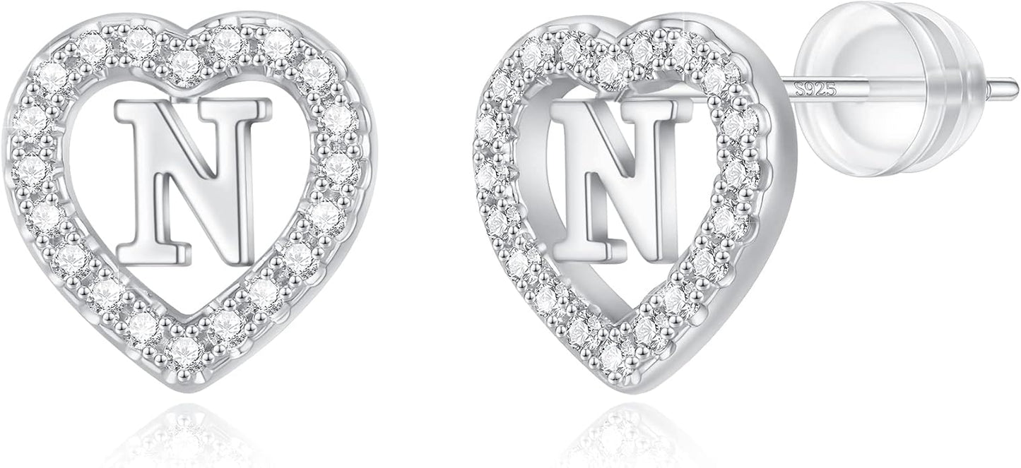 Initial Heart Earrings for Girls, Sterling Silver Post Silver/Rose Gold Heart Initial Stud Earrings for Little Girls Kids Baby Earrings Non Tarnish Hypoallergenic Earrings for Teen Girls Gifts Jewelry