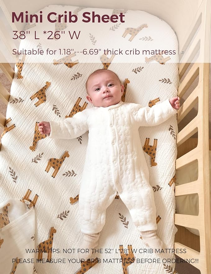 Momcozy Best Wishes Muslin Fitted Mini Crib Sheets, 38''x26'', 2 Pack Soft Breathable Natural Cotton Baby Mattress Sheet, 360° Mattress Wrapping Boys Girls Neutral Toddler Bed Sheet, Bravery Giraffe